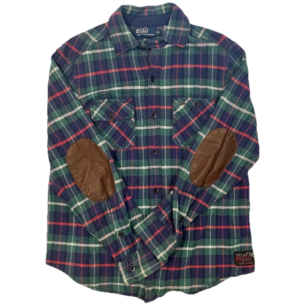 Polo Ralph Lauren Flannel Shirt-Men's XL-Vintage Dry Goods Leather Elbow Patches